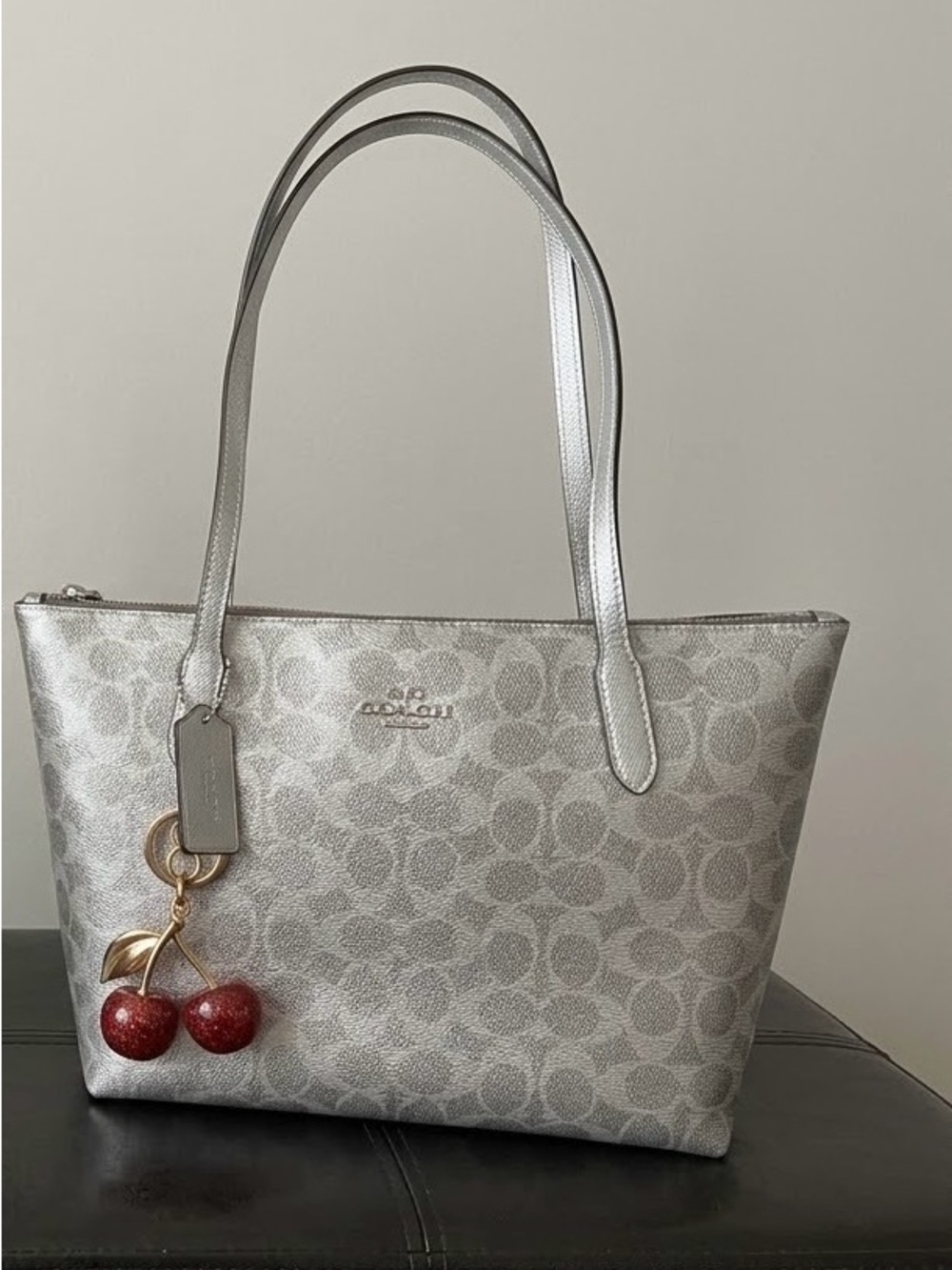NWOT Coach metallic Silver Signature Tote + Cherry Charm and inner bag